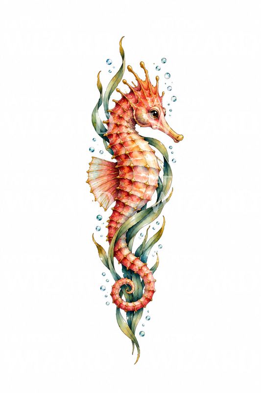 Coral Seahorse and Seagrass Tattoo Design