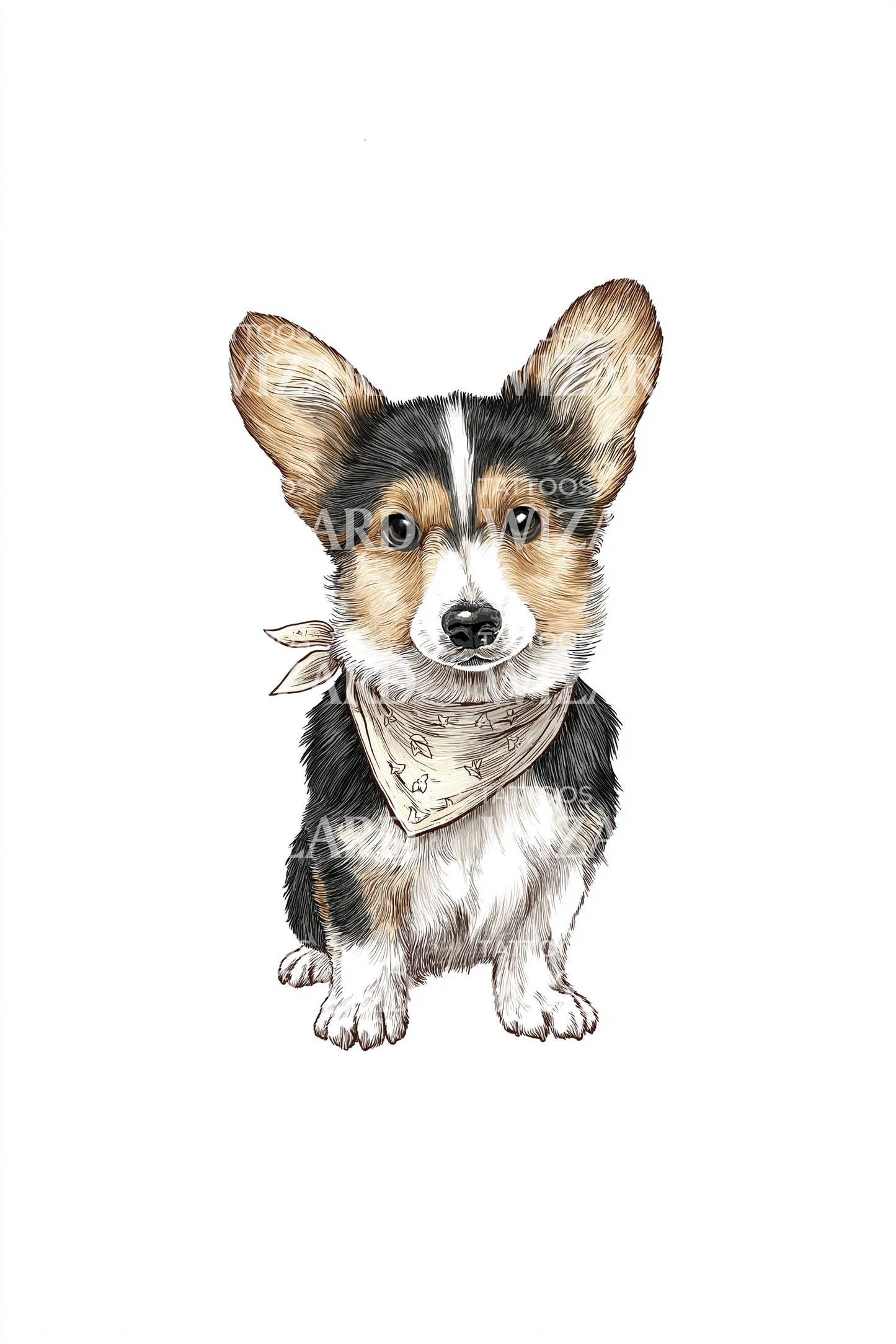 Ilustracja tatuażu siedzącego szczeniaka corgi