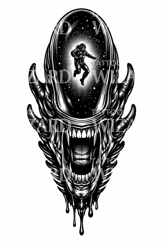Cosmic Alien Encounter Tattoo Design
