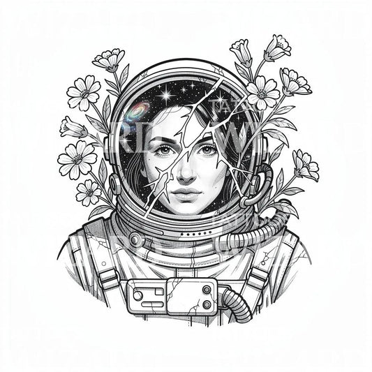 Ilustracja tatuażu z kosmicznym portretem astronautki