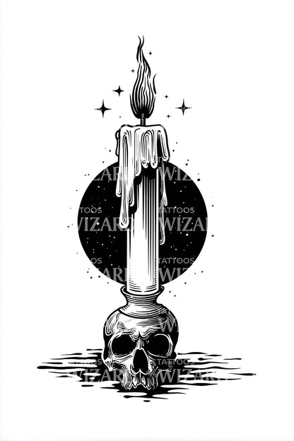 Diseño de tatuaje de calavera con vela cósmica