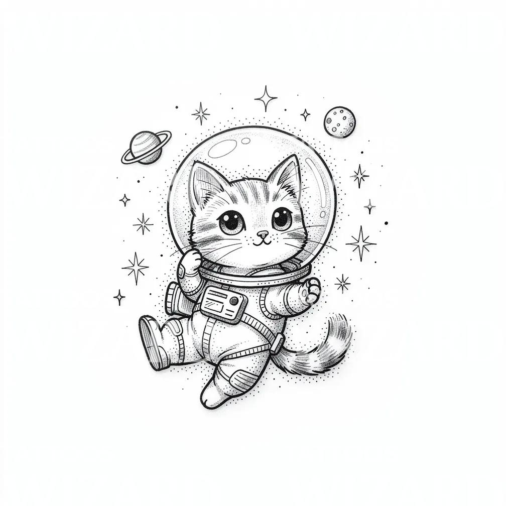 Cosmic Cat Astronaut Tattoo Design