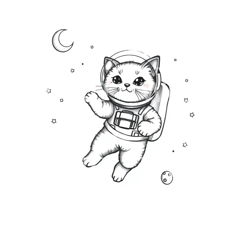 Cosmic Cat Astronaut Tattoo Design