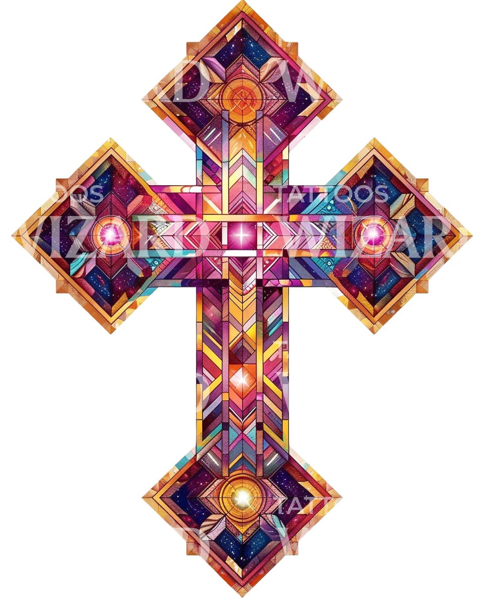 Kosmisches buntes Kreuz mit geometrischen Formen Tattoo-Design