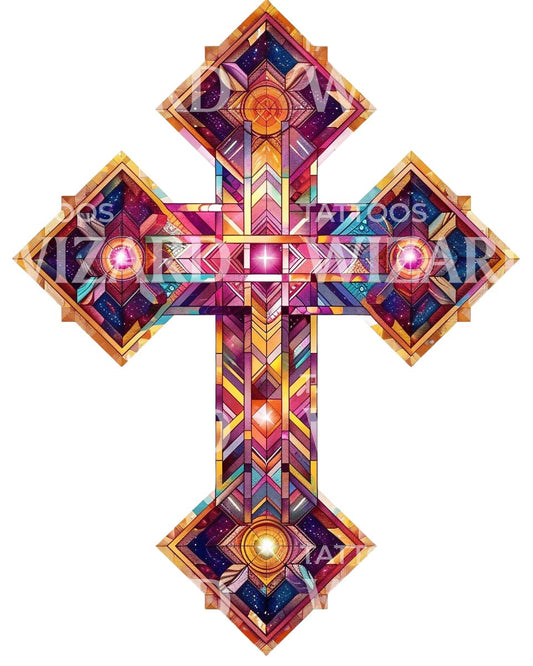 Cosmic Colorful Cross With Geometric Shapes Tattoo Design