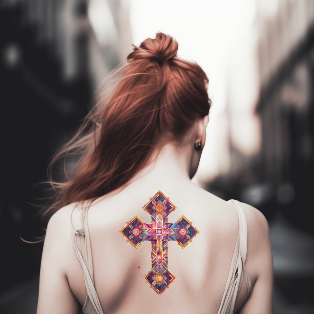 Cosmic Colorful Cross With Geometric Shapes Tattoo Design