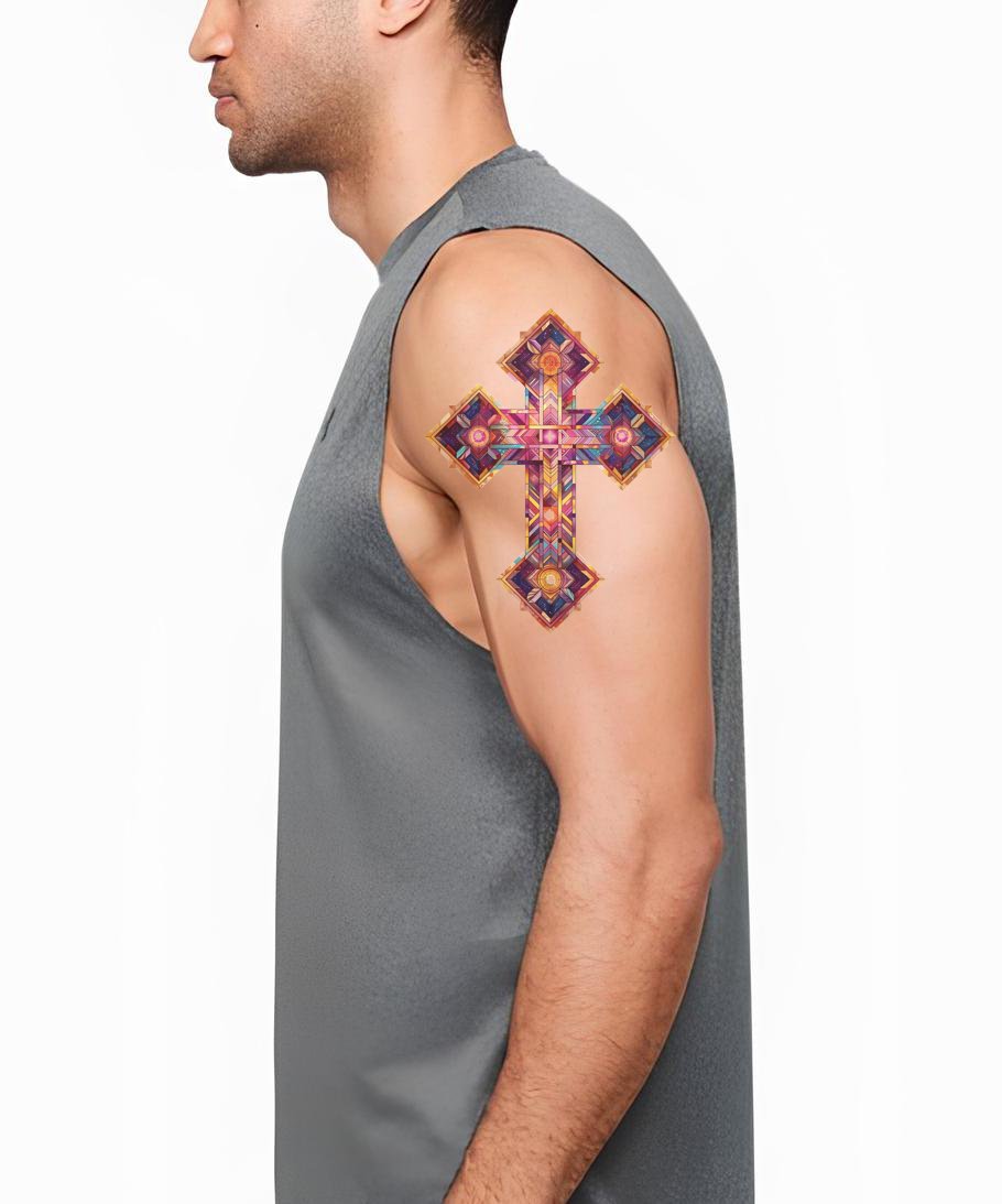 Cosmic Colorful Cross With Geometric Shapes Tattoo Design