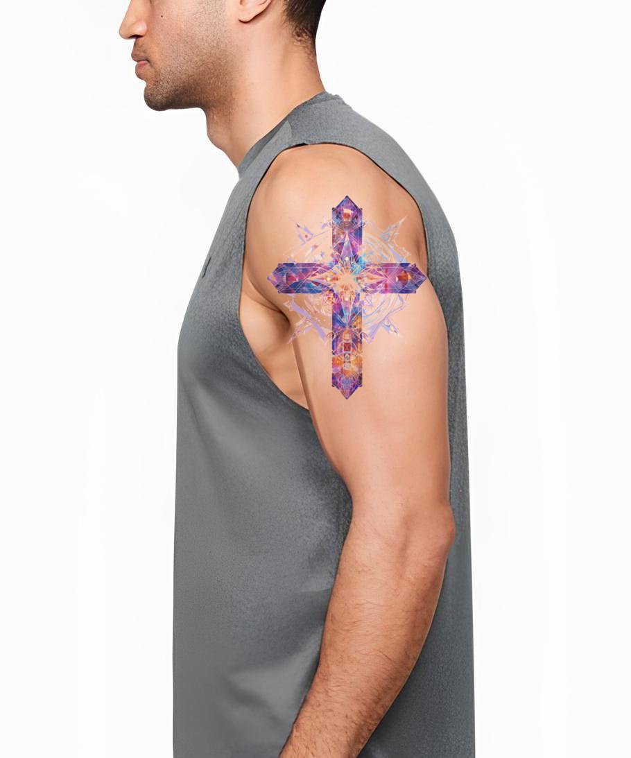 Cruz Colorida Mística Com Design de Tatuagem de Geometria Sagrada