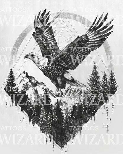 Cosmic Eagle and Sacred Geometry Tattoo Design