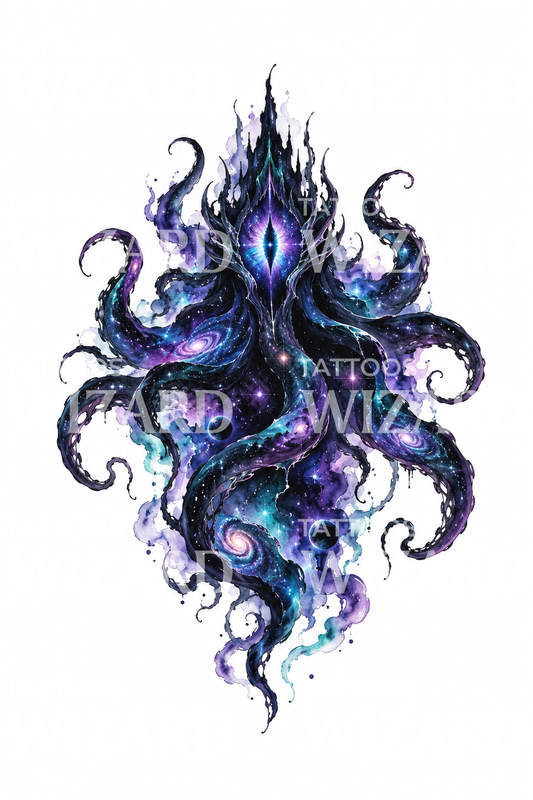 Deus eldritch cósmico numa nebulosa, tatuagem em aguarela