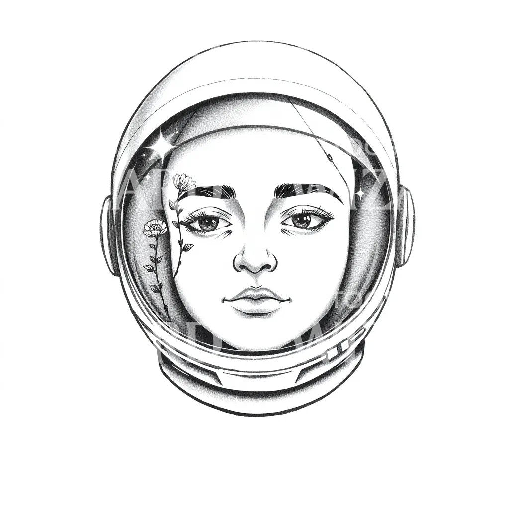 Cosmic Floral Astronaut Tattoo Design