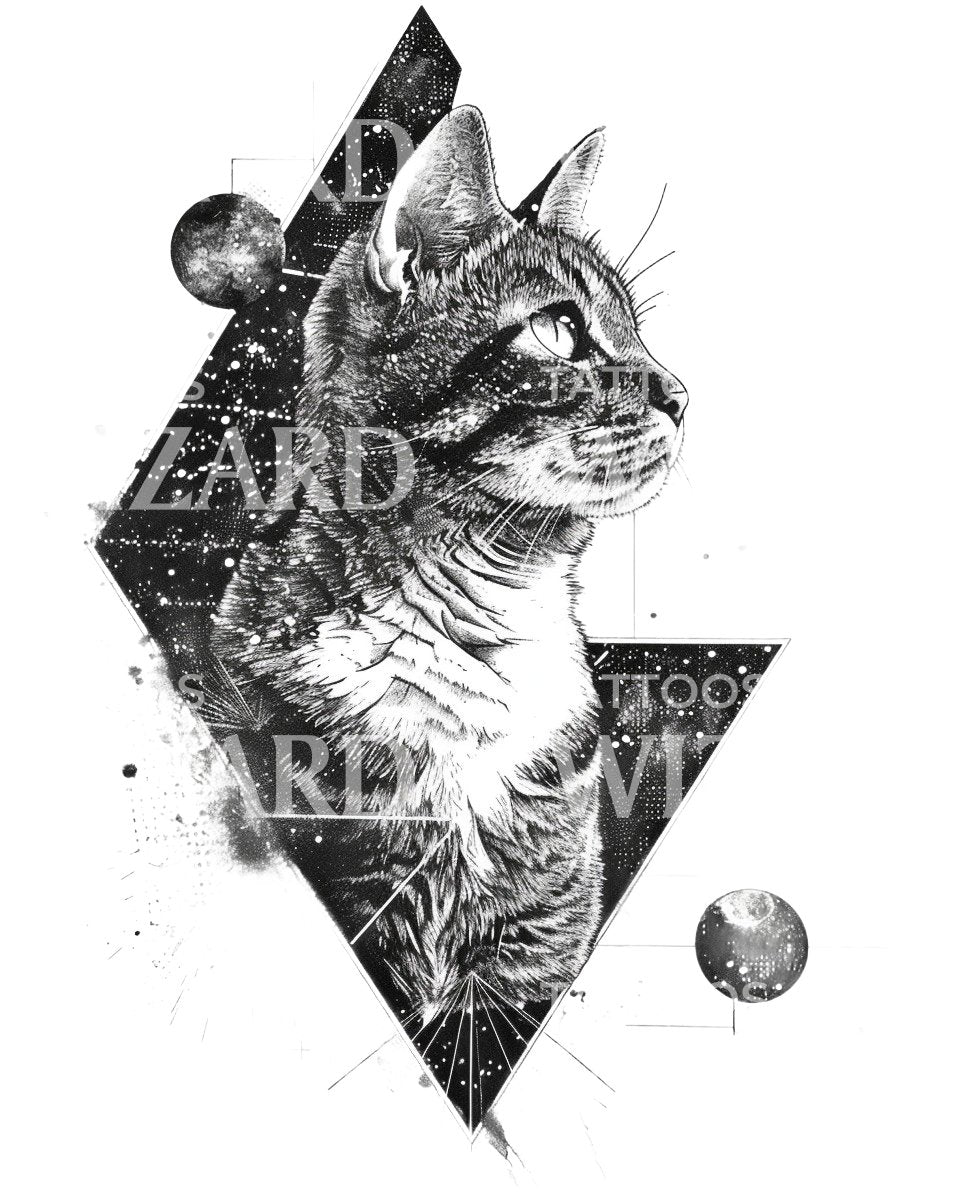 Cosmic Geometry Cat Tattoo Design