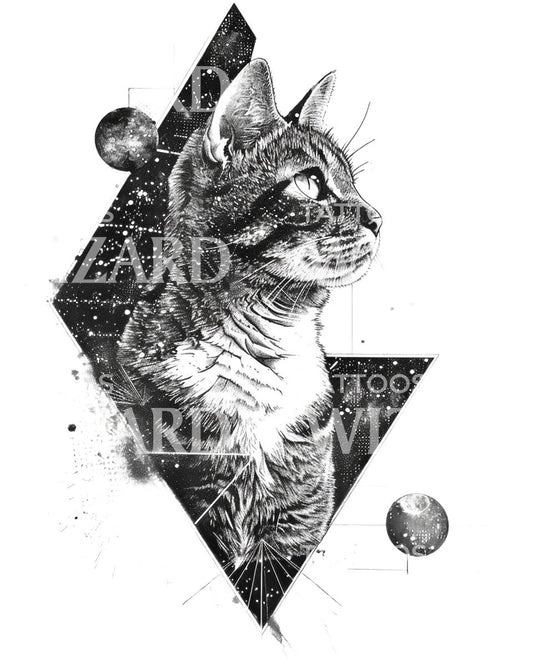 Cosmic Geometry Cat Tattoo Design
