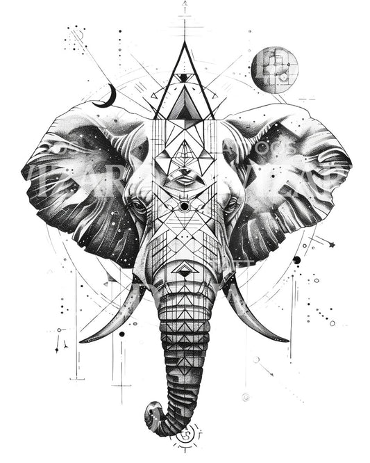 Conception de tatouage de visage d'éléphant à géométrie cosmique