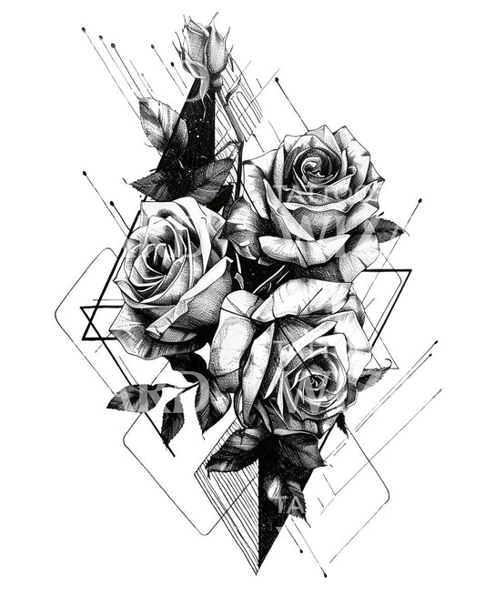 Cosmic Geometry Roses Tattoo Design