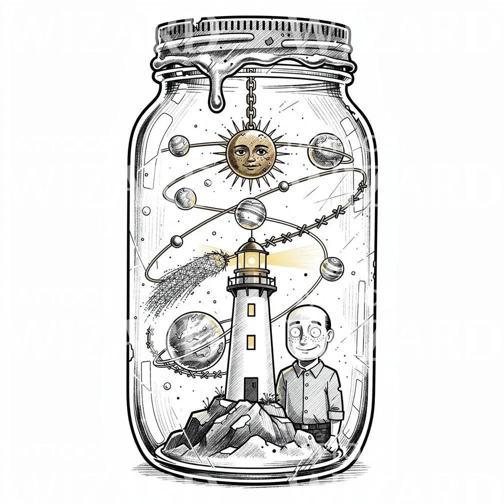 Cosmic Lighthouse Jar Tattoo Illustration