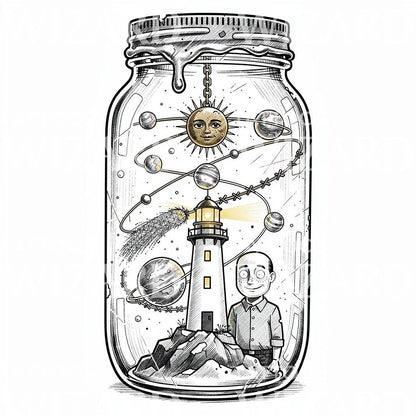 Cosmic Lighthouse Jar Tattoo Illustration