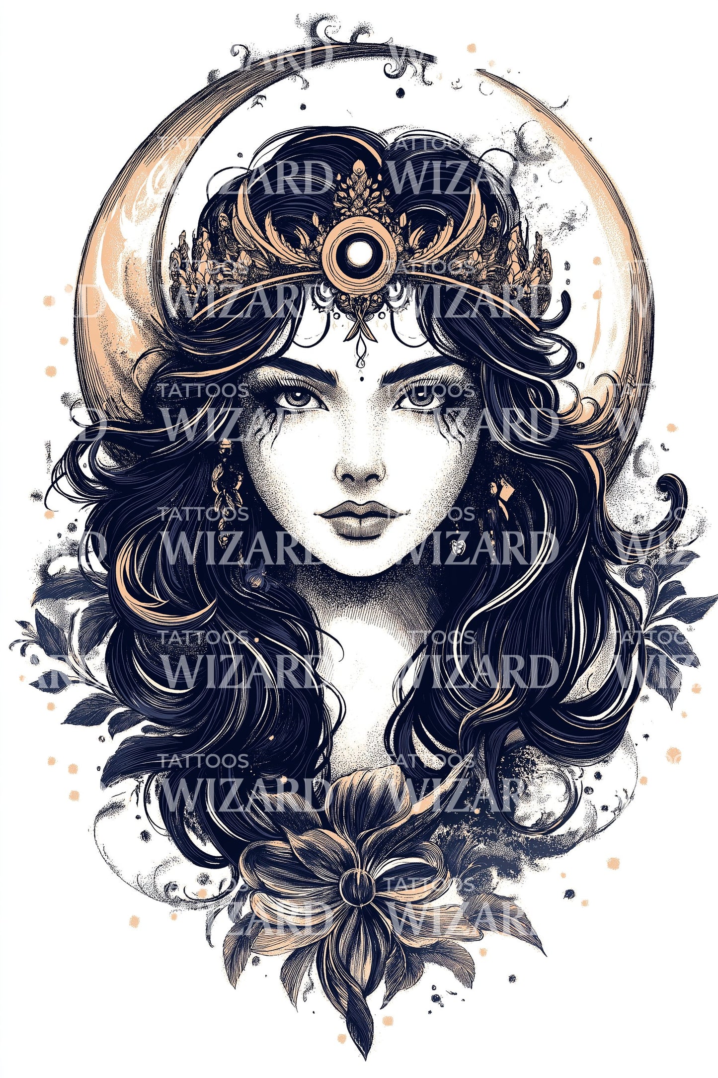 Cosmic Moon Priestess Tattoo Illustration