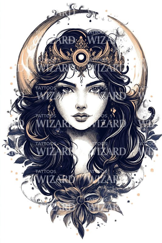 Cosmic Moon Priestess Tattoo Illustration