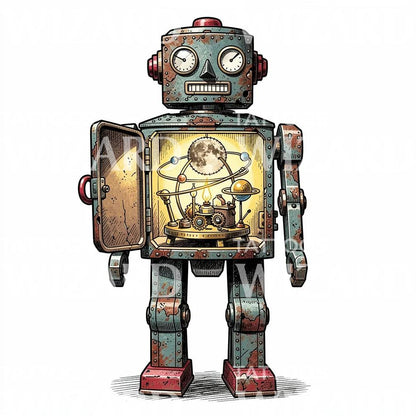 Cosmic Robot Orrery Tattoo Design