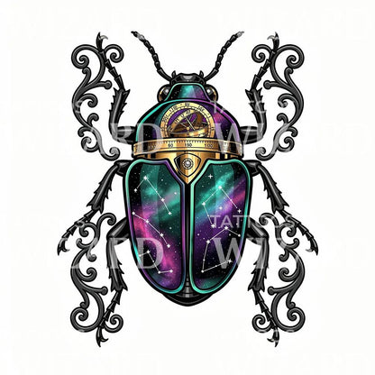 Cosmic Scarab Compass Tattoo Design