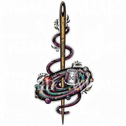 Cosmic Sewing Needle Tattoo Design