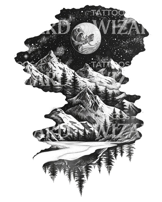 Vue cosmique de la conception de tatouage de paysage de montagne