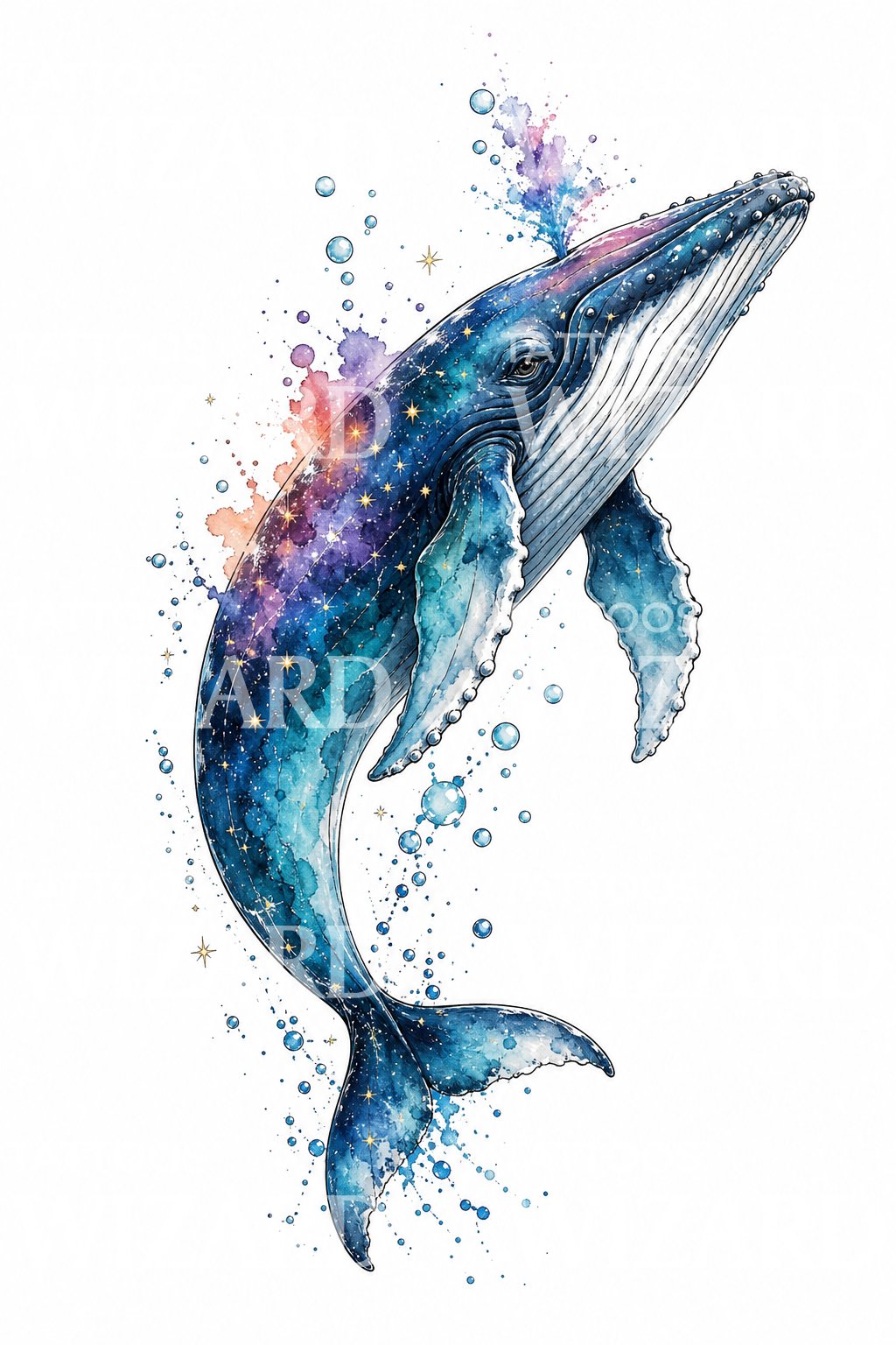 Idée de tatouage baleine cosmique en aquarelle