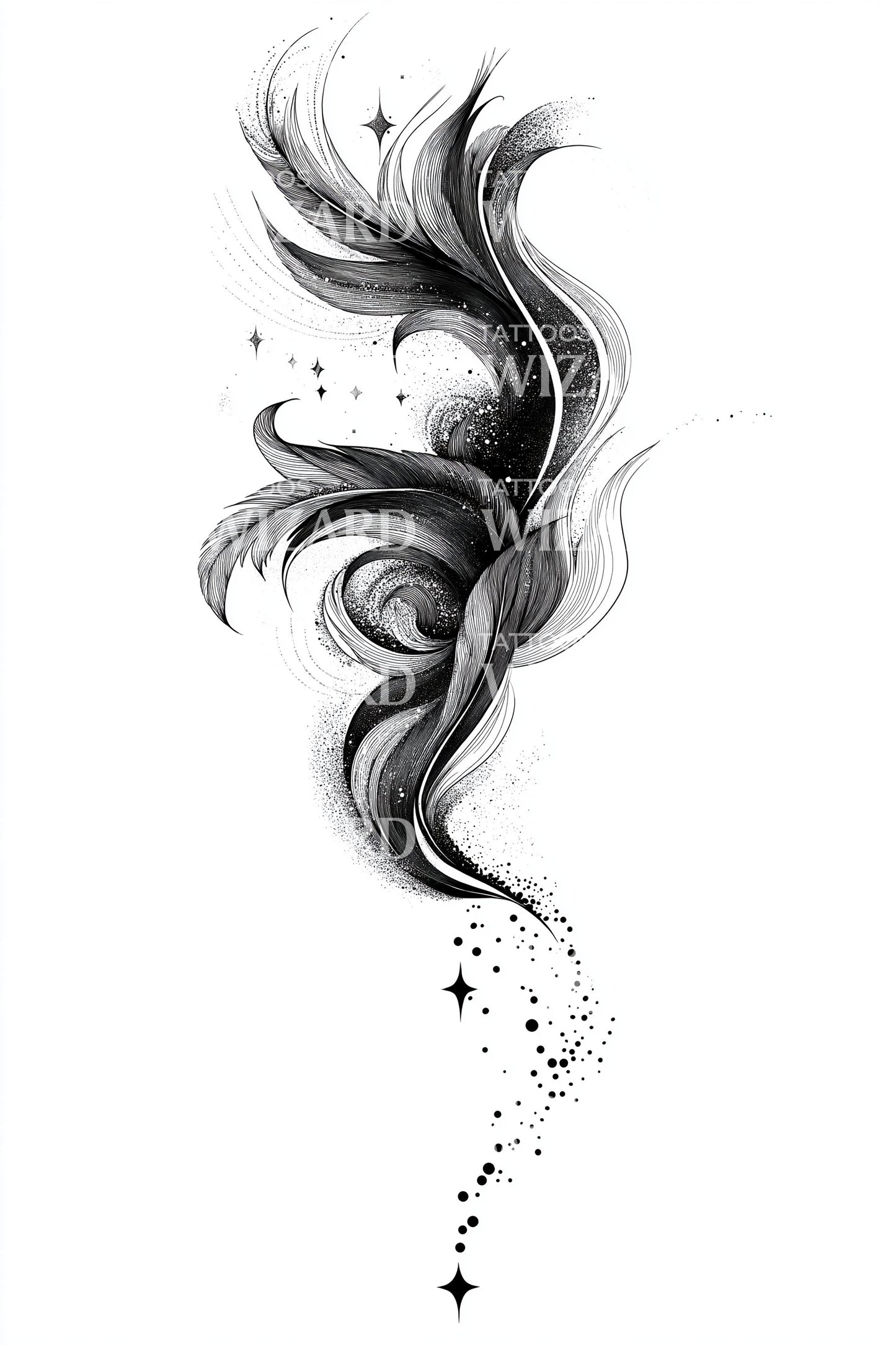 Cosmic Wind Feather Tattoo Design