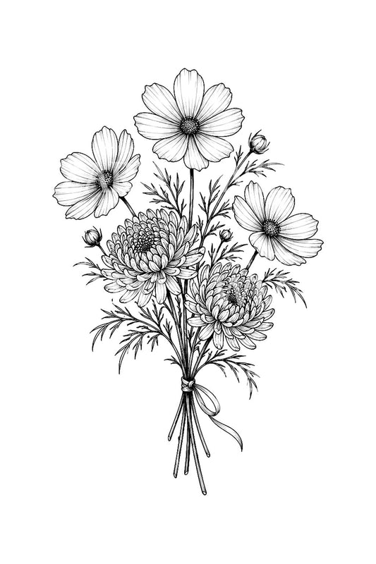 Cosmos and Chrysanthemum Bouquet Tattoo Idea