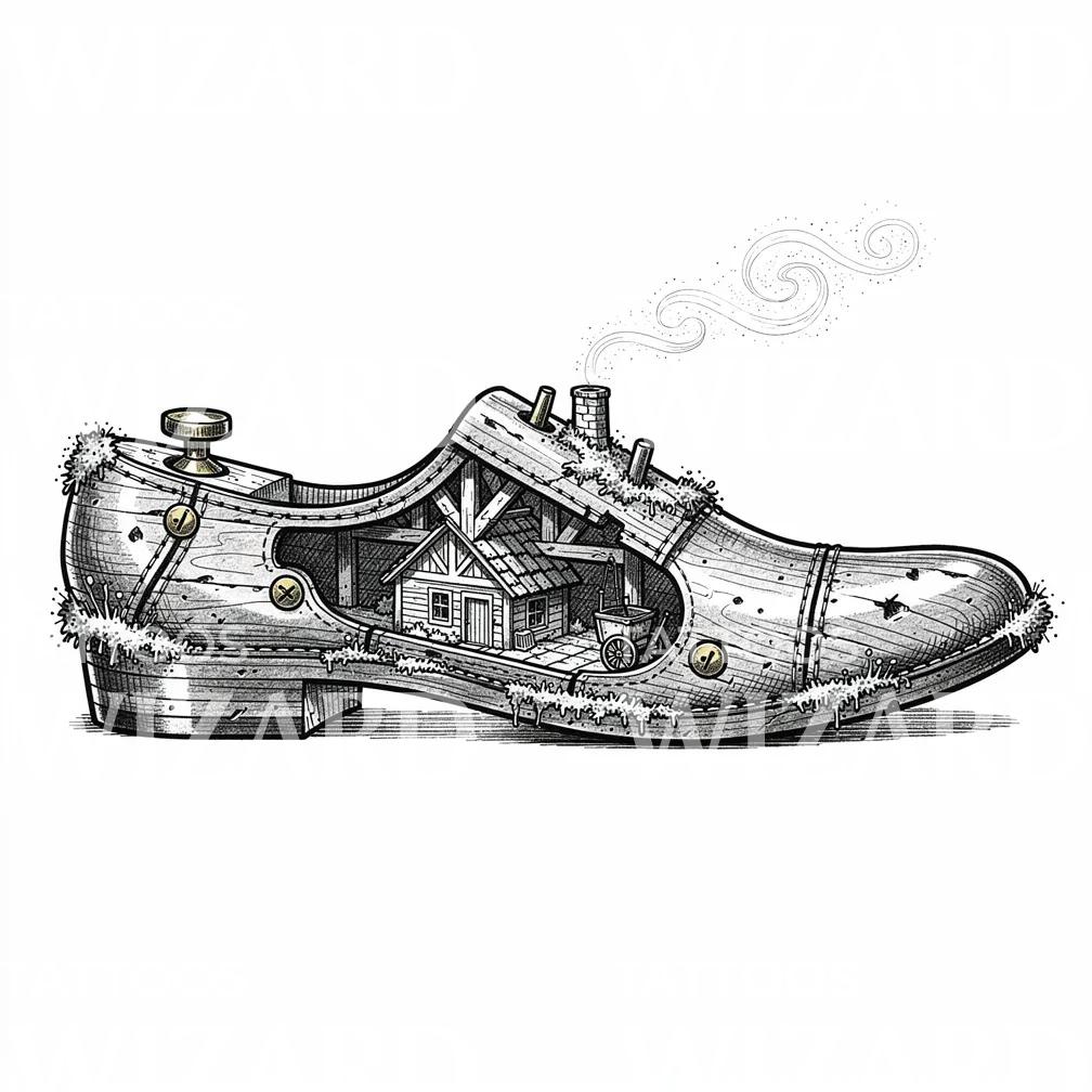 Cottage Inside Shoe Tattoo Illustration