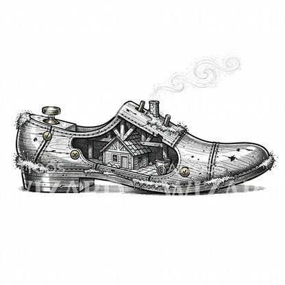 Cottage Inside Shoe Tattoo Illustration