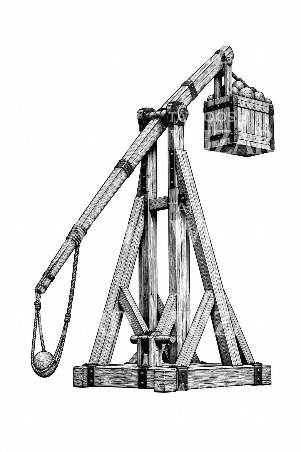 Ilustrasi Tato Trebuchet Pemberat yang Terpasang