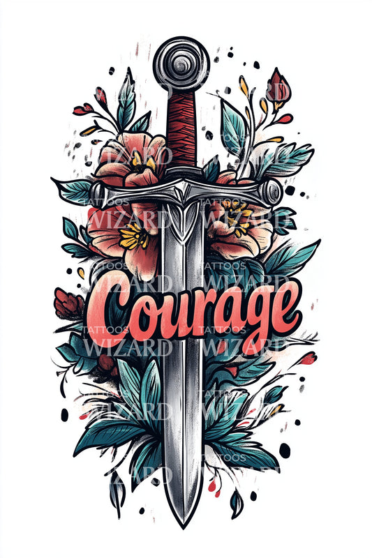 Courage Floral Sword Tattoo Design