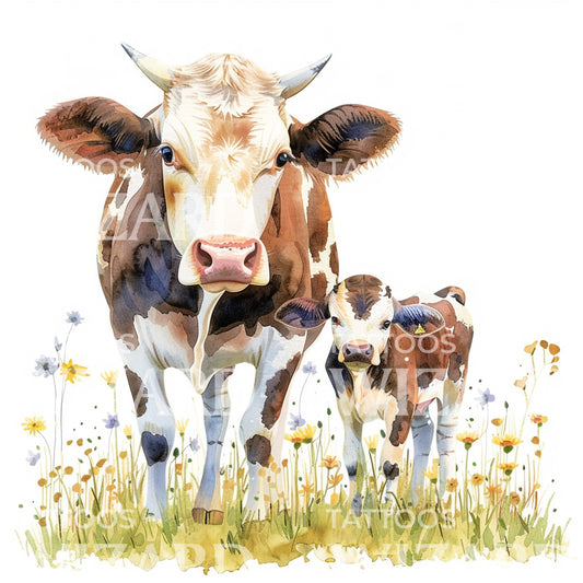 Cow Mother and Calf on Field Watercolor Tattoo Idea