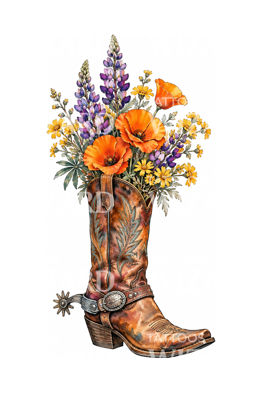 Cowboy Boot Bursting with Wildflowers Tattoo Design