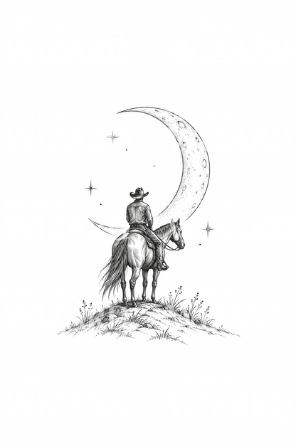 Lóháton ülő cowboy holdsarló alatt, tetoválás
