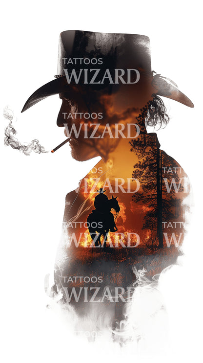 Cowboy Profile with Flaming Background Tattoo Design