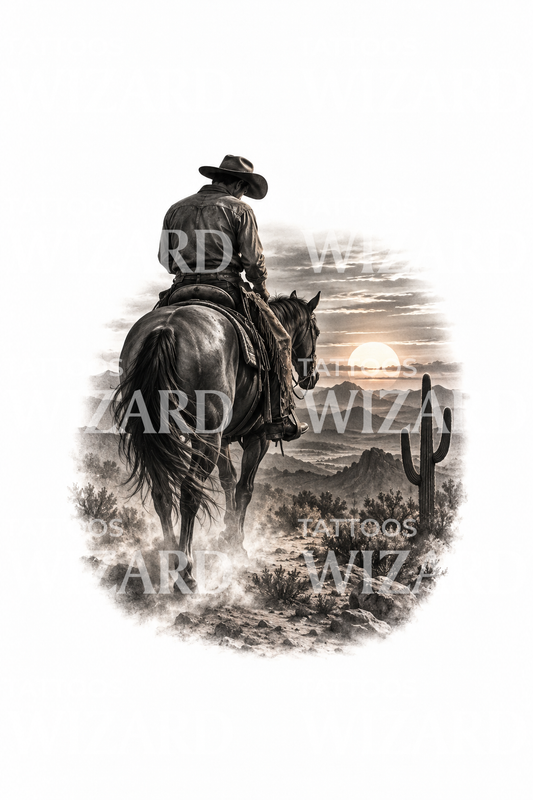 Tattoo-Design: Cowboy reitet in den Wüstensonnenuntergang