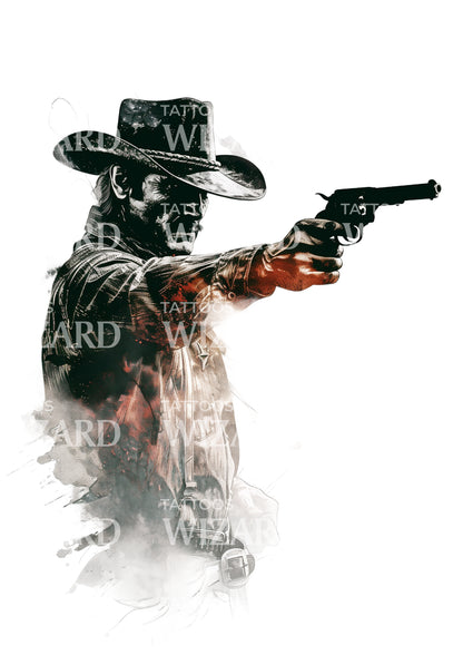 Cowboy with Mustache and Gun Tattoo Design