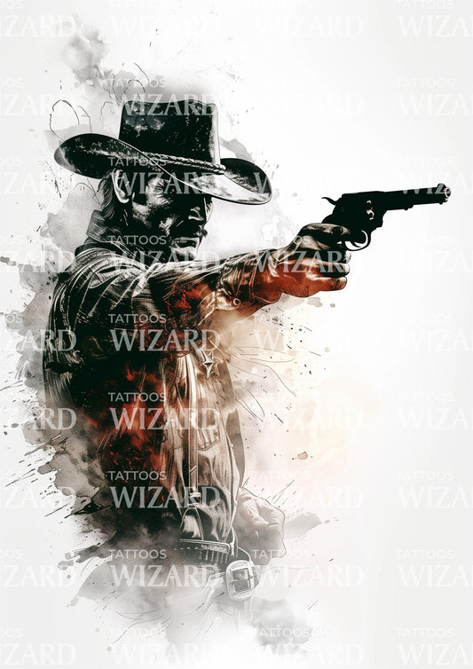 Cowboy with Mustache and Gun Tattoo Design