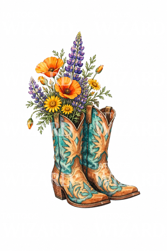 Tatouage de bottes de cow-girl et de fleurs sauvages du désert