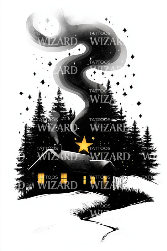 Cozy Cabin Night Tattoo Design