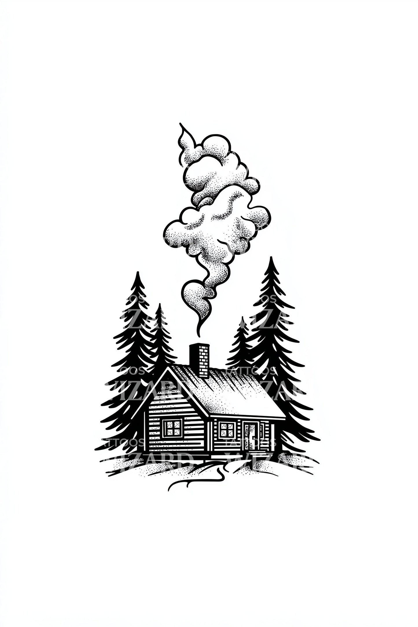Cozy Cabin Smoke Tattoo Illustration