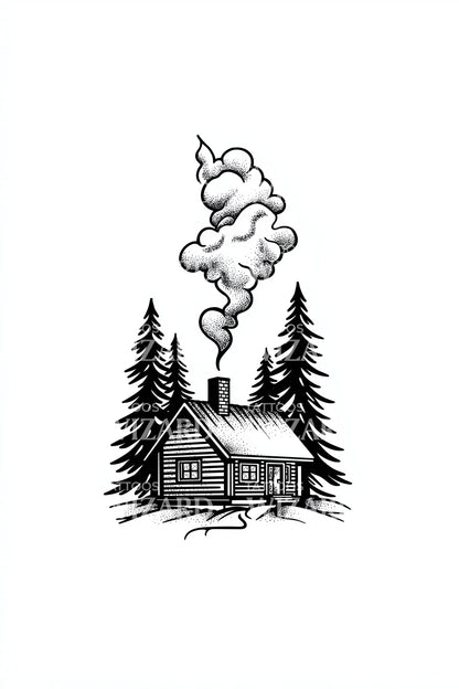 Cozy Cabin Smoke Tattoo Illustration