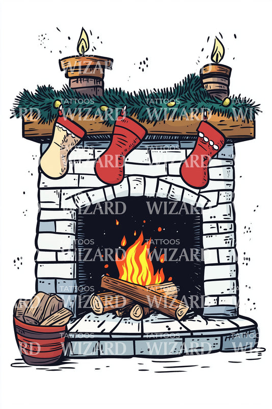 Cozy Fireplace with Stockings Tattoo Illustration