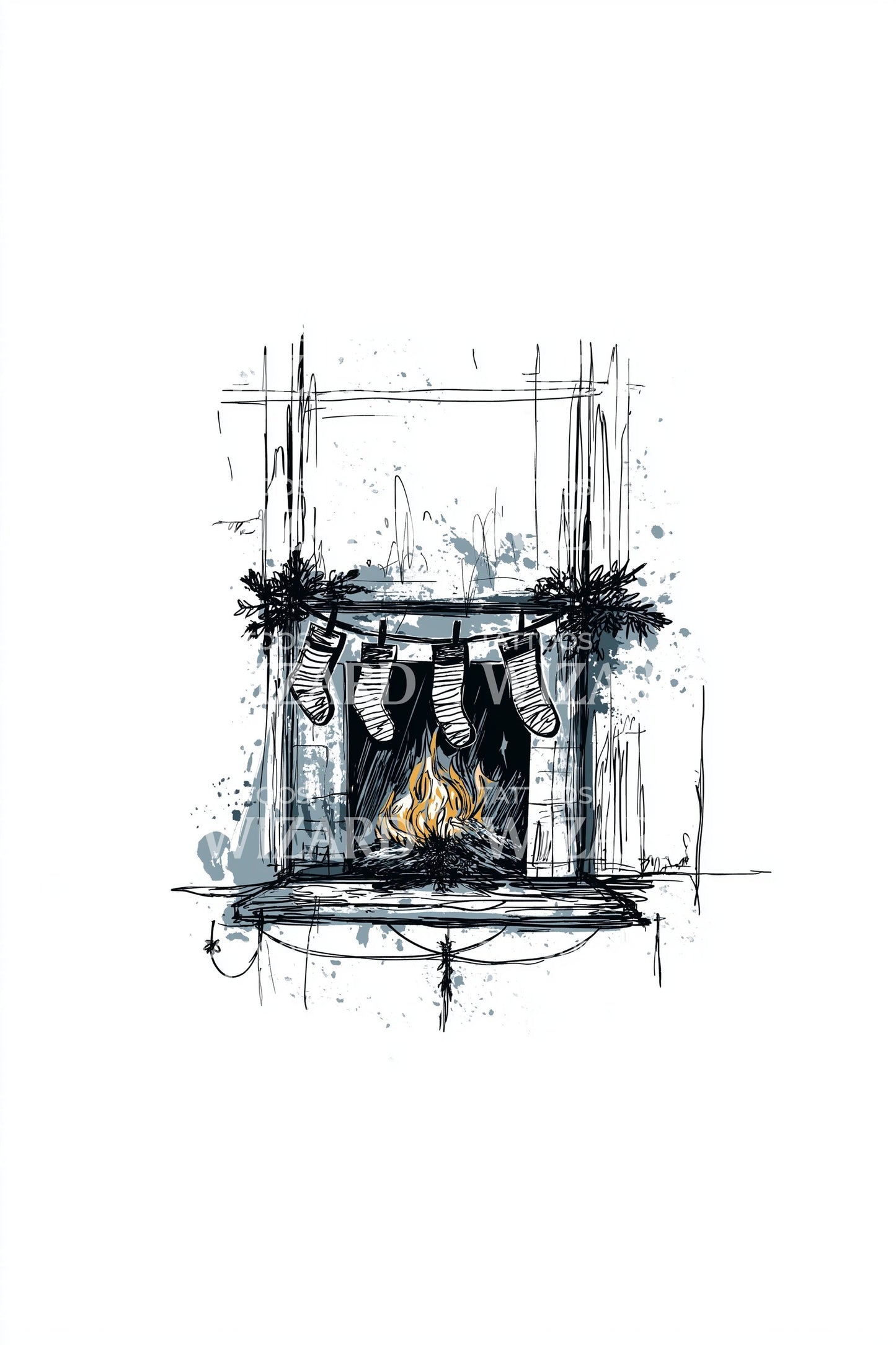 Cozy Sketch Fireplace Scene Tattoo Illustration