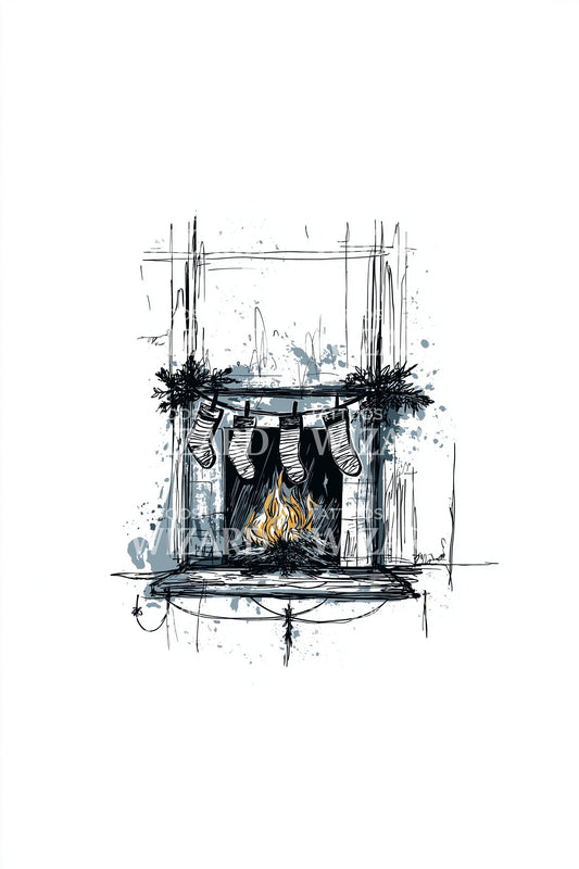 Cozy Sketch Fireplace Scene Tattoo Illustration