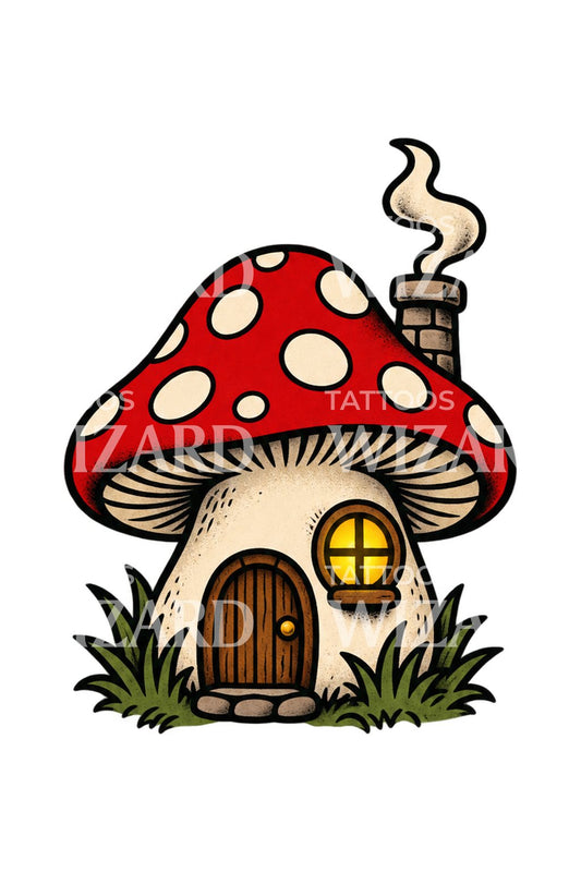 Cozy Toadstool Cottage Flash Tattoo Idea