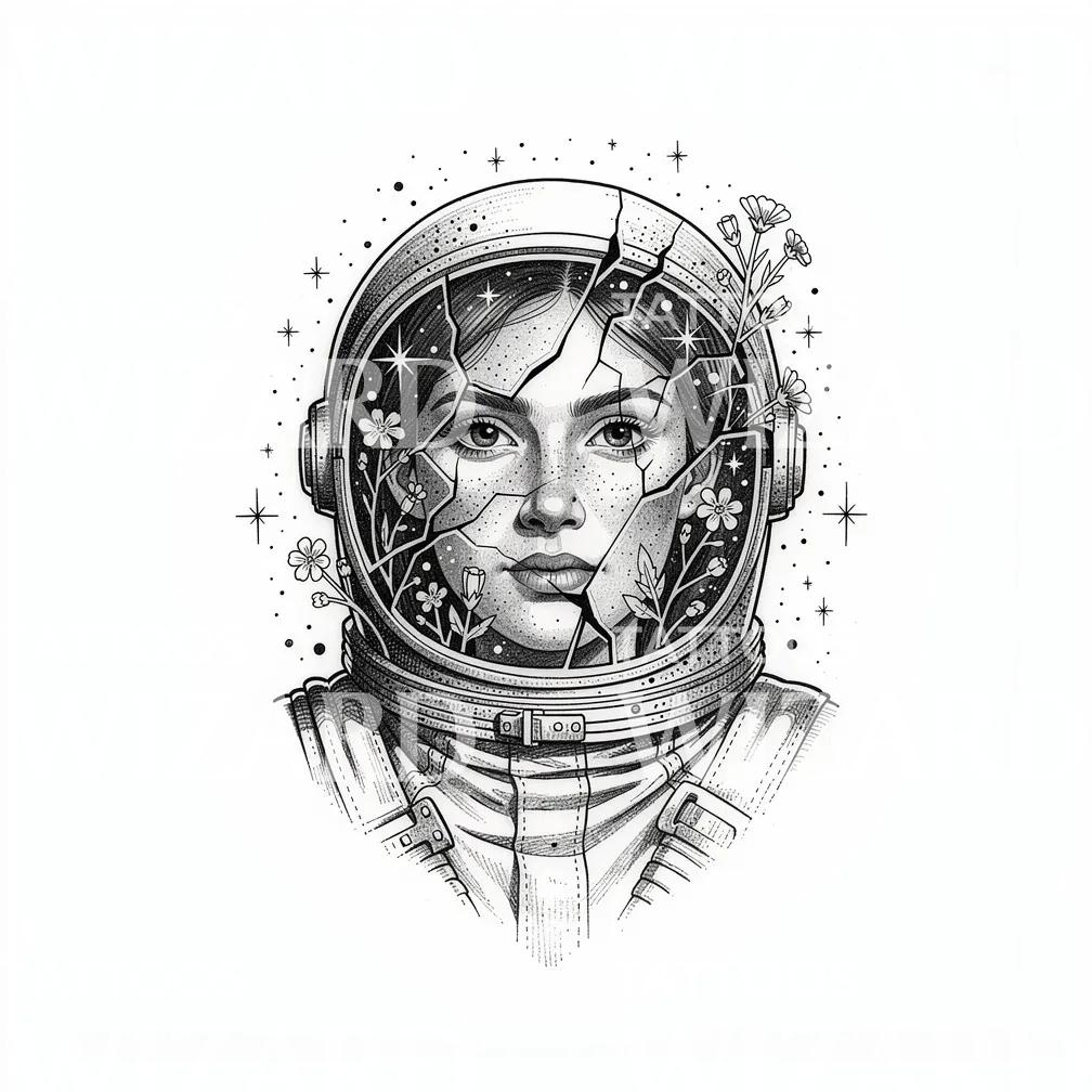 Zerbrochenes Astronaut Porträt Tattoo-Design